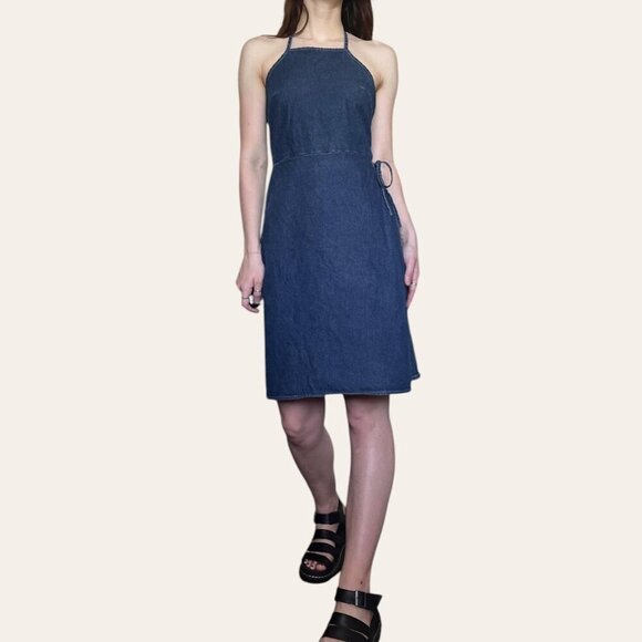 American Eagle high neck wrap front denim mini dress - Picture 6 of 7